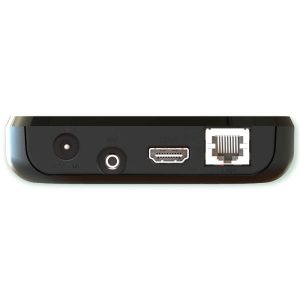 Mag 424 — Achterzijde van de ontvanger met voedingsaansluiting, ronde AV-aansluiting, HDMI en netwerkpoort.