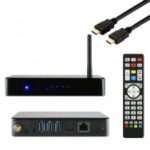 Maxytec Infinity Pro met voor- en achteraanzicht, afstandsbediening en HDMI-kabel