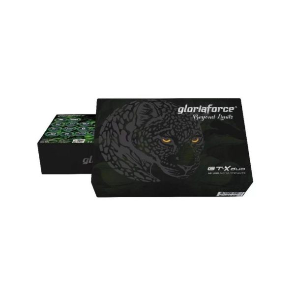 GloriaForce GT-X Duo — Twee aanzichten van een zwarte productverpakking met groene tijgerillustratie.