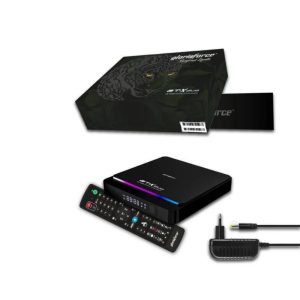 GloriaForce GT-X Duo — Productverpakking, ontvanger, afstandsbediening en voedingsadapter samen afgebeeld.
