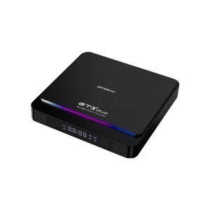 GloriaForce GT-X Duo — Zwarte ontvanger schuin van voren en bovenaf met gekleurde lichtstreep en digitaal display.