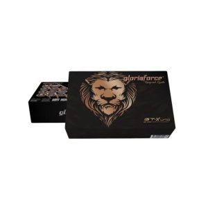 GloriaForce GT-X Uno — Twee aanzichten van een zwarte productverpakking met goudkleurige leeuwenillustratie.