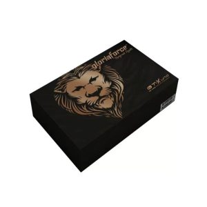 GloriaForce GT-X Uno — Zwarte productverpakking met goudkleurige leeuwenillustratie, schuin van bovenaf gezien.