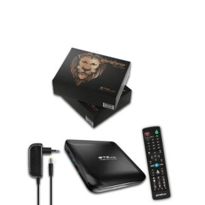 GloriaForce GT-X Uno — Ontvanger, afstandsbediening en voedingsadapter bij een zwarte productverpakking met leeuwenillustratie.