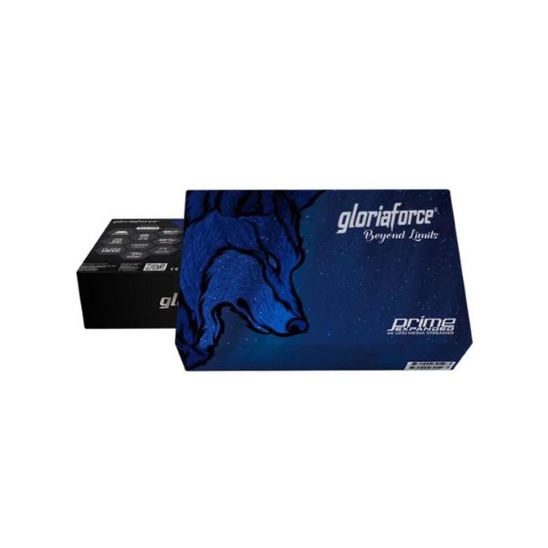 GloriaForce Prime Expanded — Twee aanzichten van een blauwe productverpakking met paardenillustratie.