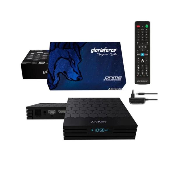 GloriaForce Prime Expanded — Overzicht met productverpakking, afstandsbediening, voedingsadapter en twee aanzichten van de ontvanger.