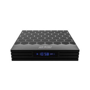 GloriaForce Prime Expanded — Zwarte mediabox schuin van voren en bovenaf gezien, met honingraatpatroon op de bovenzijde en blauw verlicht display.