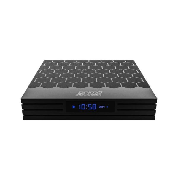 GloriaForce Prime Expanded — Zwarte mediabox schuin van voren en bovenaf gezien, met honingraatpatroon op de bovenzijde en blauw verlicht display.