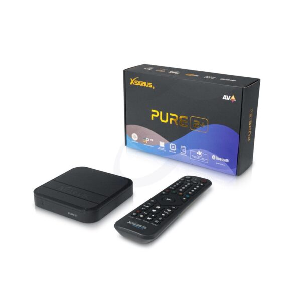 Xsarius Pure 2+ — ontvanger, afstandsbediening en verpakking Xsarius Pure 2+ ontvanger met afstandsbediening en productverpakking