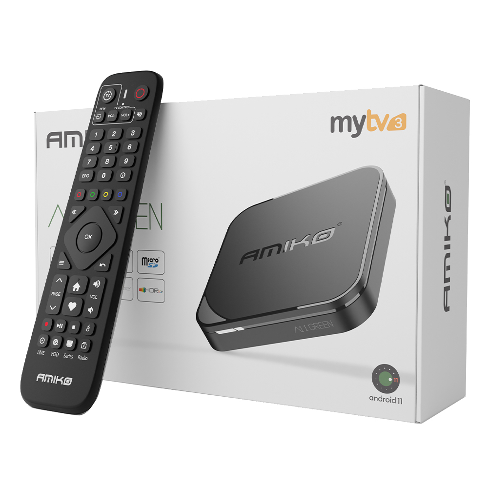 Amiko A11 Gold 4K UHD Android 11 TV Box - 4GB RAM 32GB Stockage, WiFi 6 Dual Band, Bluetooth 5.2, USB 3.0, Widevine L1